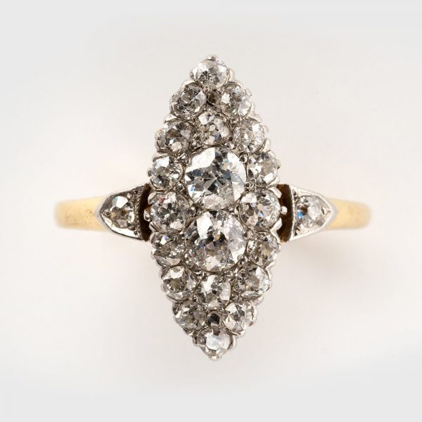 Fine Jewels of Harrogate Antique Edwardian Marquise Shape 1.00 Carat Diamond Cluster Ring Circa 1900's