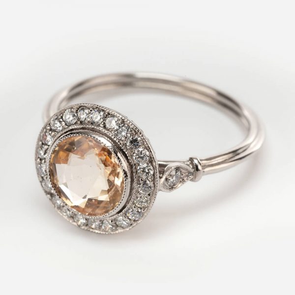 Fine Jewels of Harrogate Contemporary 1.93 Carat Orange Sapphire and 0.35 Carat Diamond Cluster Engagement Ring