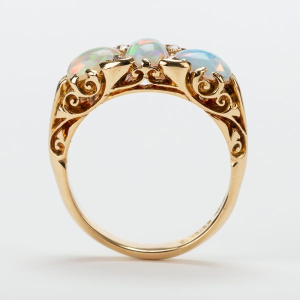 Fine Jewels of Harrogate Antique Victorian 1.25 Carat Opal and Diamond Three Stone Carved Half Hoop Ring Circa 1890's