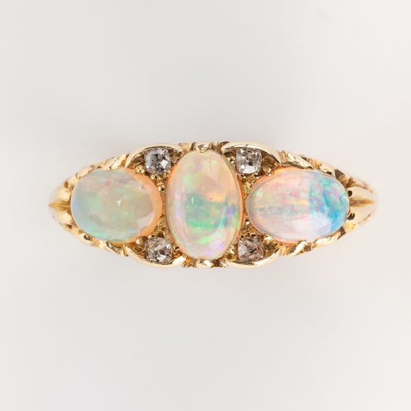 Fine Jewels of Harrogate Antique Victorian 1.25 Carat Opal and Diamond Three Stone Carved Half Hoop Ring Circa 1890's