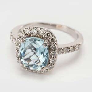 Fine Jewels of Harrogate Contemporary 2.40 Carat Aquamarine and Diamond 0.52 Carat Cluster Engagement Ring
