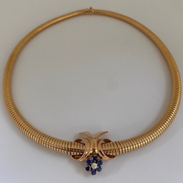Fine Jewels of Harrogate Vintage Gold Sapphire and Diamond Tubogas Necklace Circa 1950's