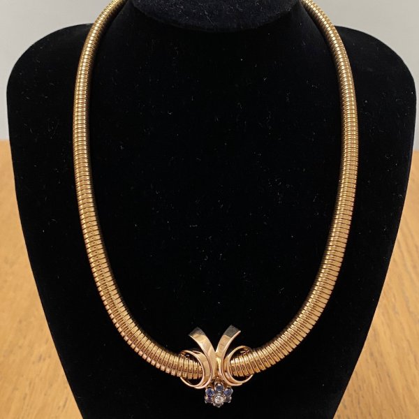 Fine Jewels of Harrogate Vintage Gold Sapphire and Diamond Tubogas Necklace Circa 1950's