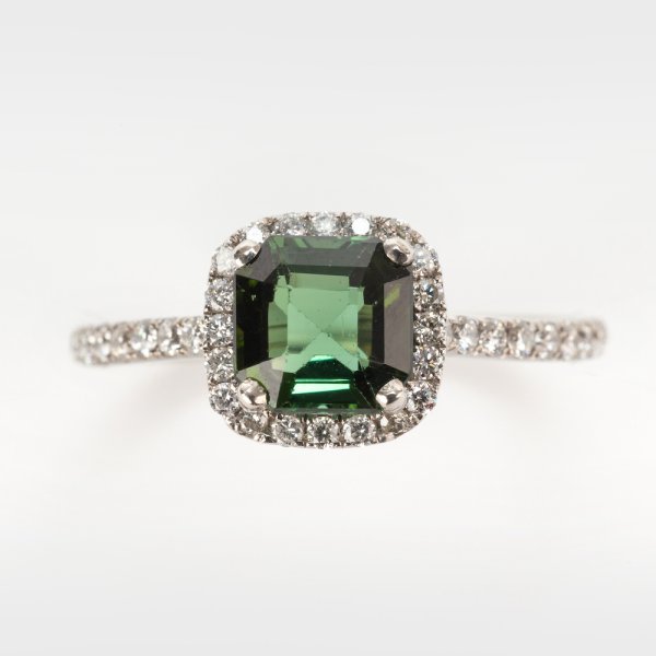 Fine Jewels of Harrogate Contemporary 1.00 Carat Green Tourmaline and 0.26 Carat Diamond Cluster Engagement Ring