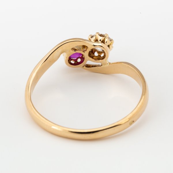 Fine Jewels of Harrogate Antique Belle Epoque Ruby and Diamond Two Stone Crossover Ring Circa 1890's