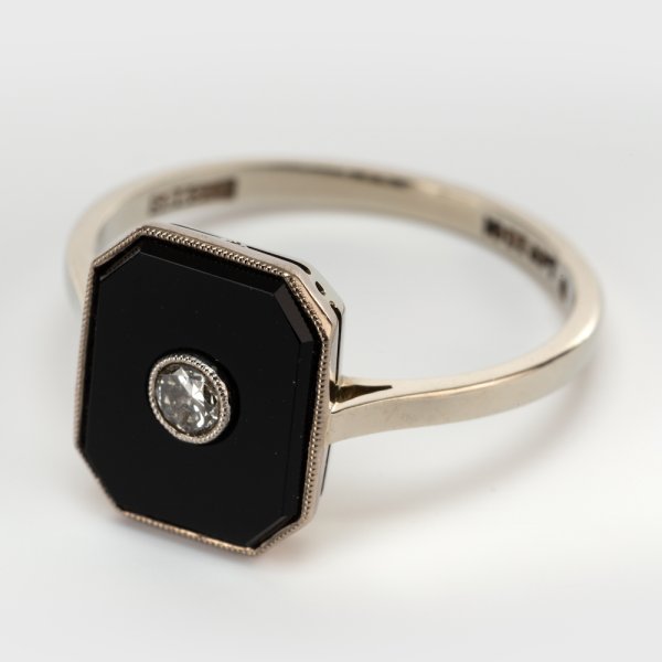 Fine Jewels of Harrogate Art Deco 0.10 Carat Diamond and 2.30 Carat Onyx Dress Ring Circa 1930's