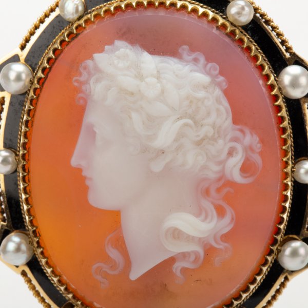 Fine Jewels of Harrogate Antique Victorian French Hardstone Cameo Pearl and Enamel Pendant and Earring Suite Circa 1870's