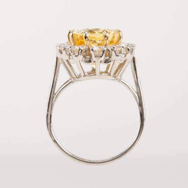 Fine Jewels of Harrogate Modern French 10.78 Carat Yellow Sapphire and 1.50 Carat Diamond Cluster Engagement Ring Circa 1980's