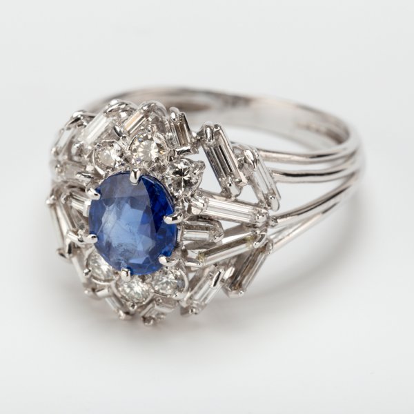 Fine Jewels of Harrogate Vintage 1.15 Carat Sapphire and 0.50 Carat Diamond Cluster Engagement Ring Circa 1960's