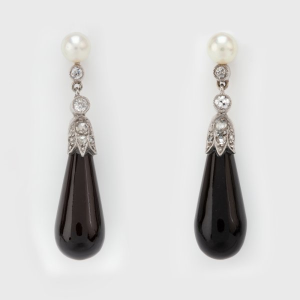 Fine Jewels of Harrogate Art Deco Natural Pearl Diamond and Onyx Earrings Circa 1920's
