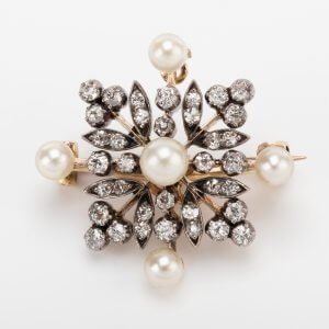 Fine Jewels of Harrogate Antique Victorian Natural Pearl and 0.80 Carat Diamond Snowflake Pendant Brooch Circa 1890's