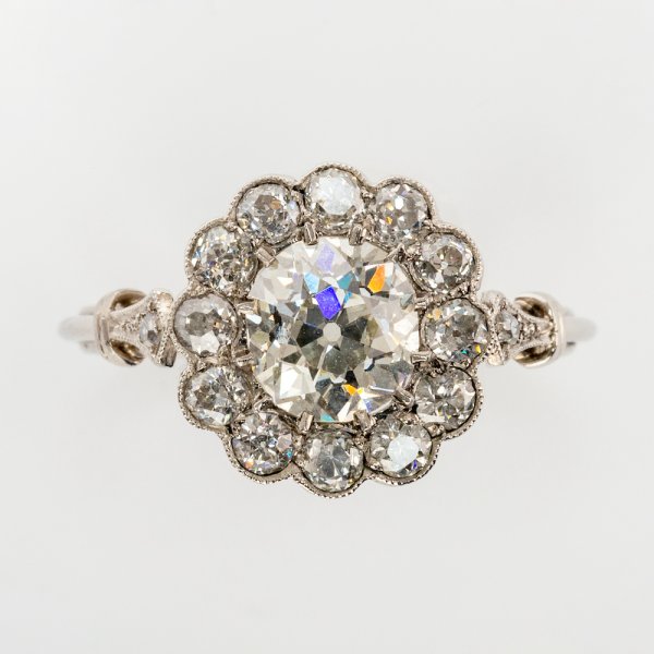 Fine Jewels of Harrogate Modern Classic Platinum 1.18 Carat Old Cushion Cut Diamond Cluster Engagement Ring