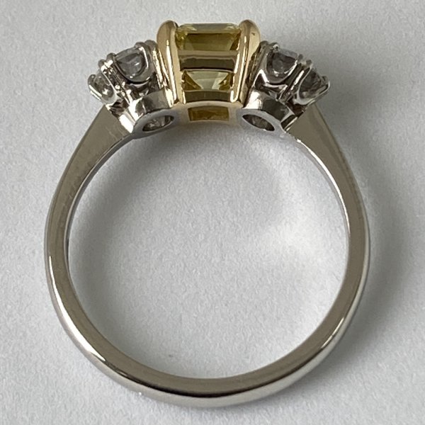 Fine Jewels of Harrogate Contemporary 1.17 Carat Fancy Intense Yellow Asscher Cut Diamond Trilogy Three Stone Engagement Ring