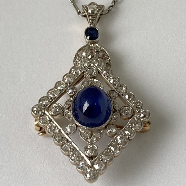 Fine Jewels of Harrogate Antique Belle Epoque 4.20 Carat Sapphire and 2.00 Carat Diamond Pendant / Brooch Circa 1900's